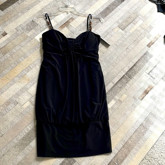 Black Mini Dress w/Brown Beads as Straps - Picture 1 of 7